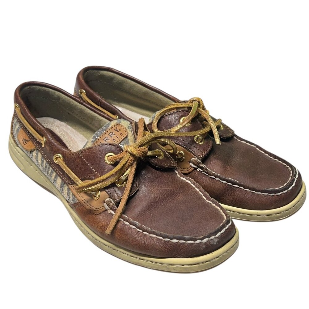 Sperry Top Sider Women's Shoes Size 8.5 M Brown Leather Slip On Tiger Print Used